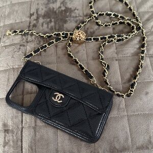 CC like Black Quilted embossed Phone Holder with Gold Chain iPhone 13 Pro